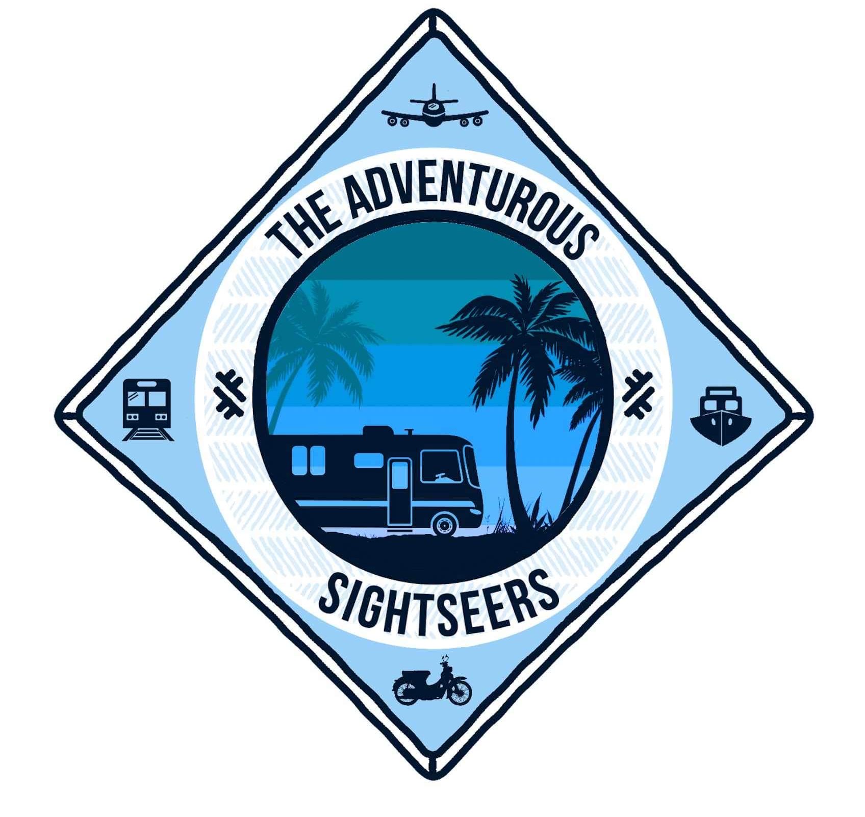 The adventurous sightseers logo, blue color 4 corner diamond shape, with a RV and palm tree in the middle, and a plane , train, motorbike, and boat on each side of the diamond.